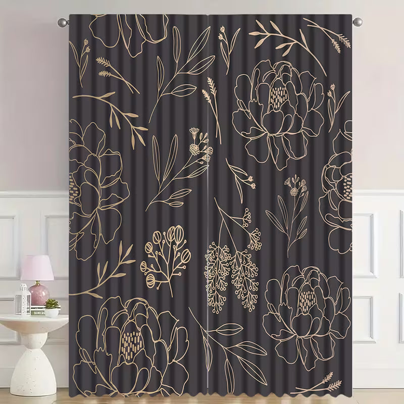 2pcs Black Gold Line Light Blocking Curtains