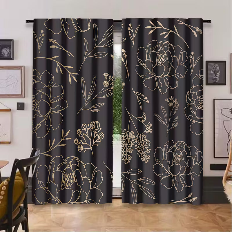 2pcs Black Gold Line Light Blocking Curtains