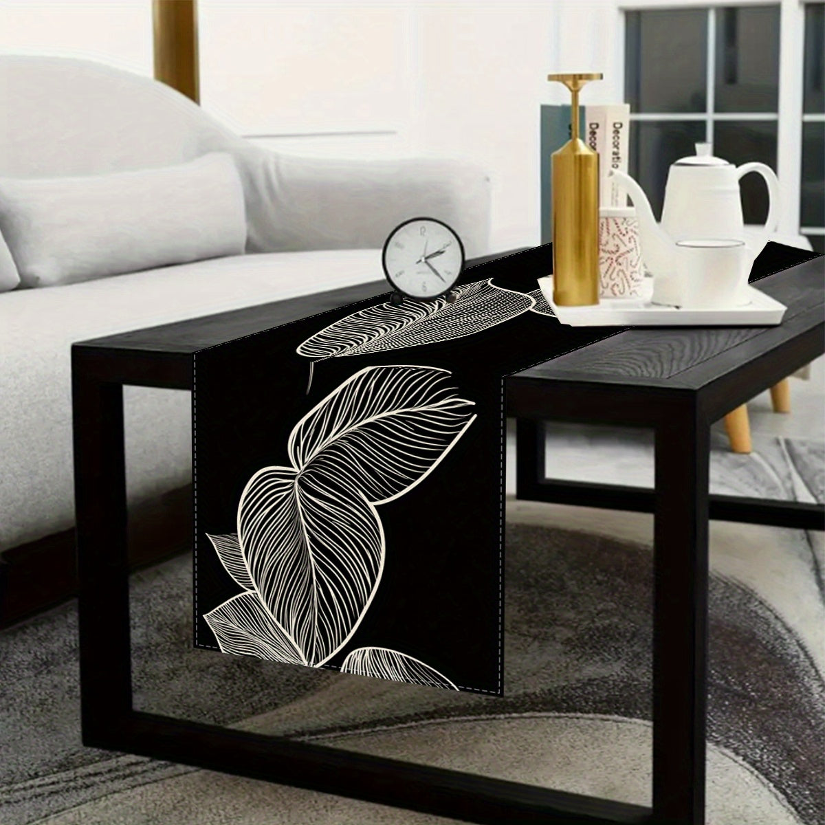Elegant Black and White Leaf Vein Table Runner