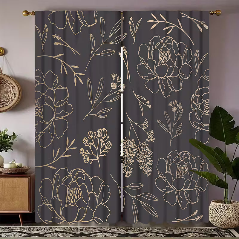 2pcs Black Gold Line Light Blocking Curtains