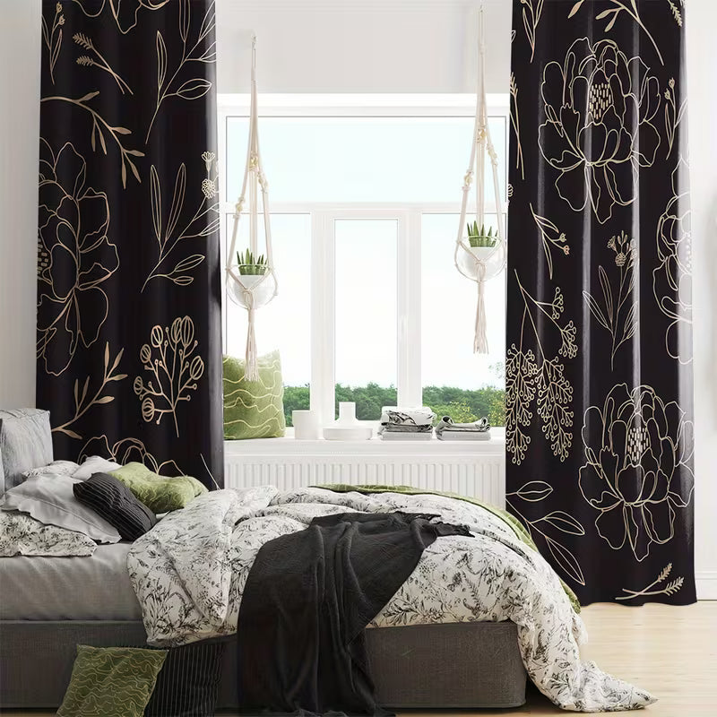 2pcs Black Gold Line Light Blocking Curtains