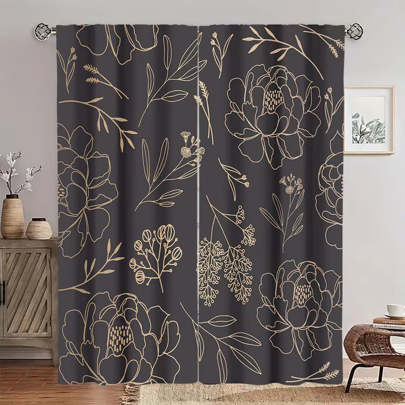 2pcs Black Gold Line Light Blocking Curtains