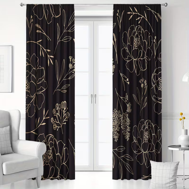 2pcs Black Gold Line Light Blocking Curtains