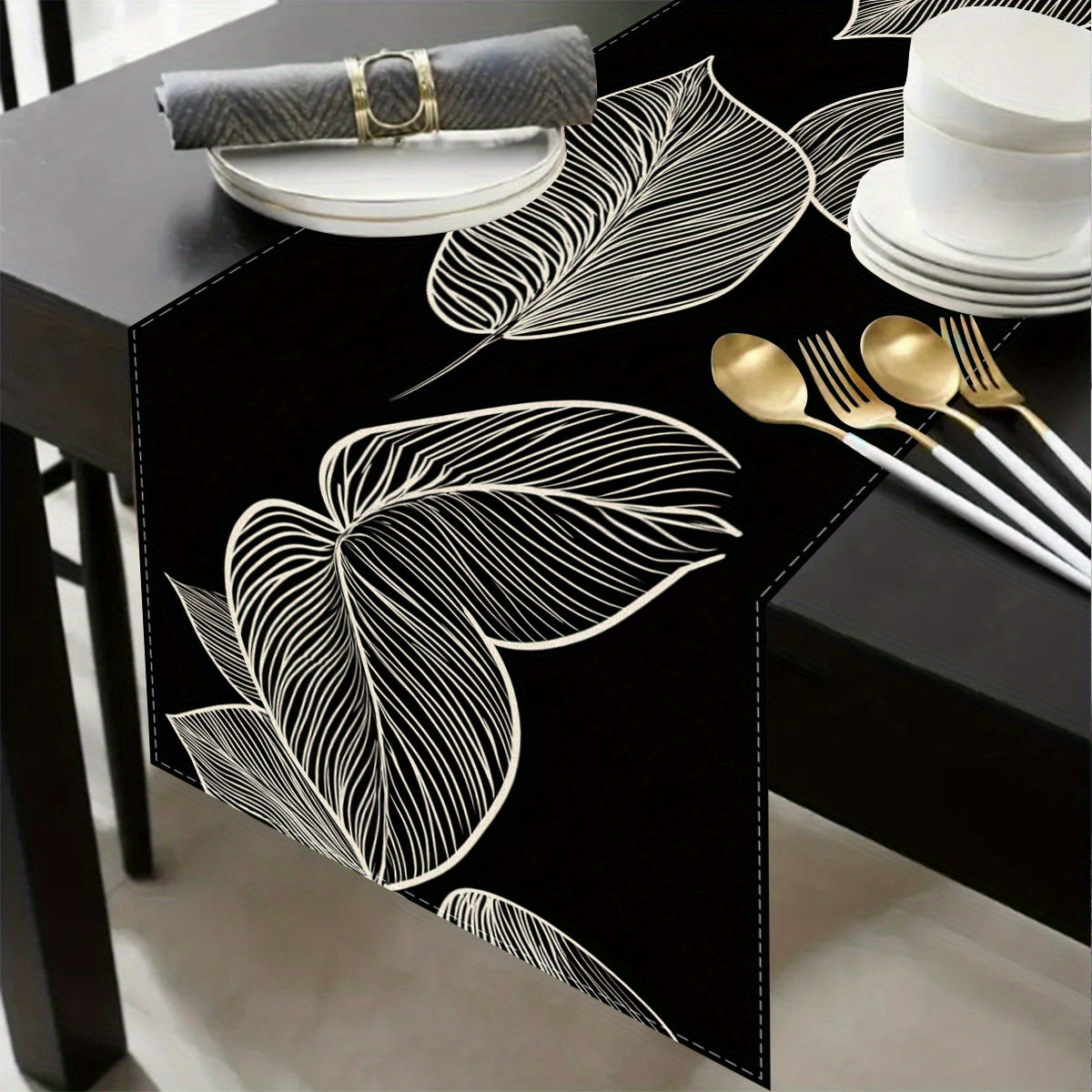 Elegant Black and White Leaf Vein Table Runner