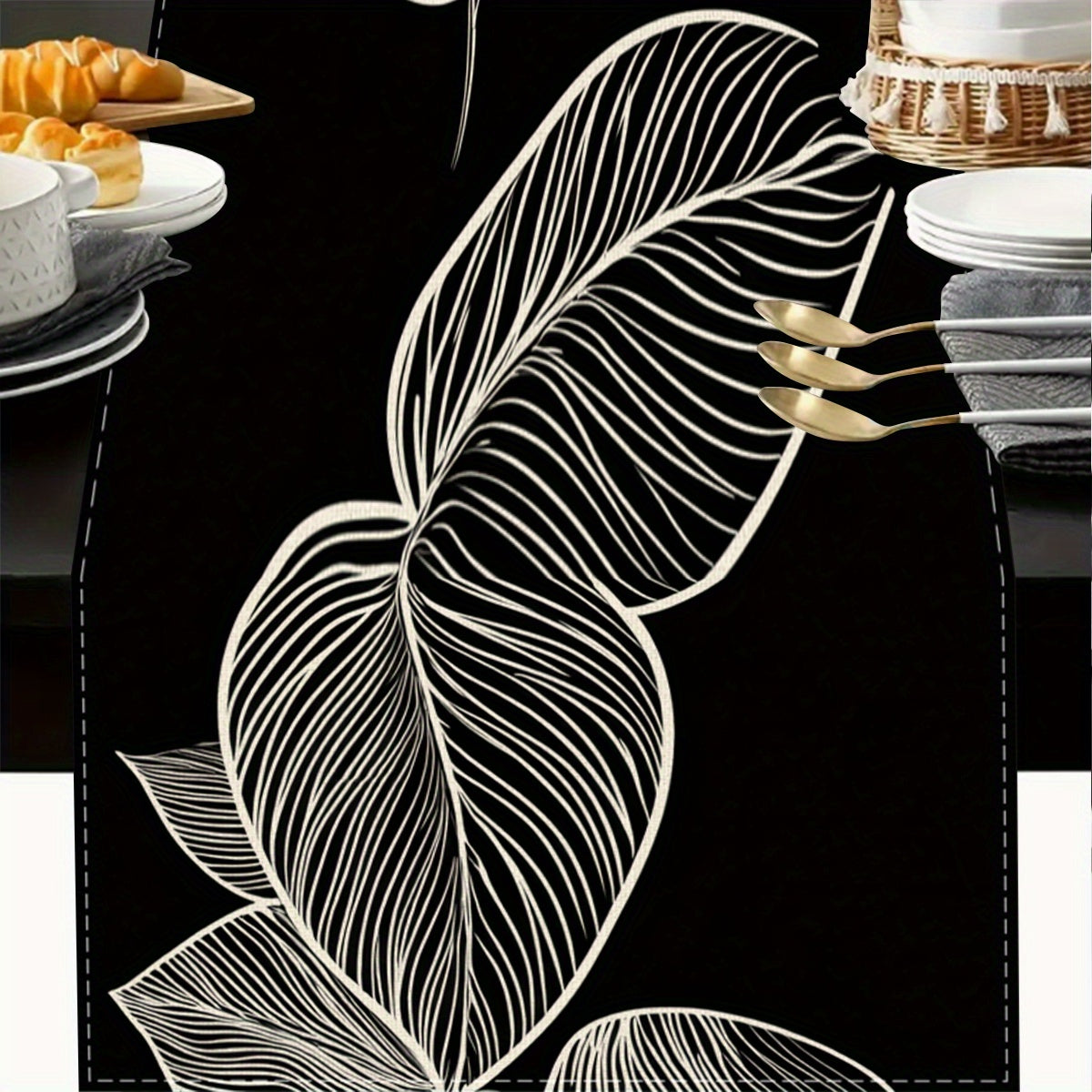 Elegant Black and White Leaf Vein Table Runner