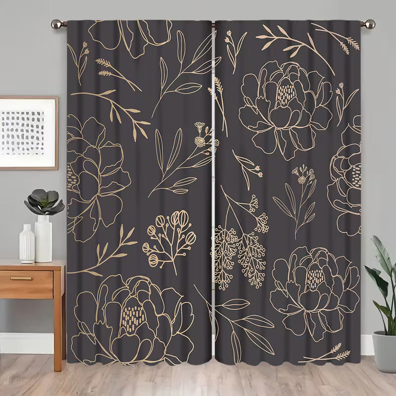 2pcs Black Gold Line Light Blocking Curtains