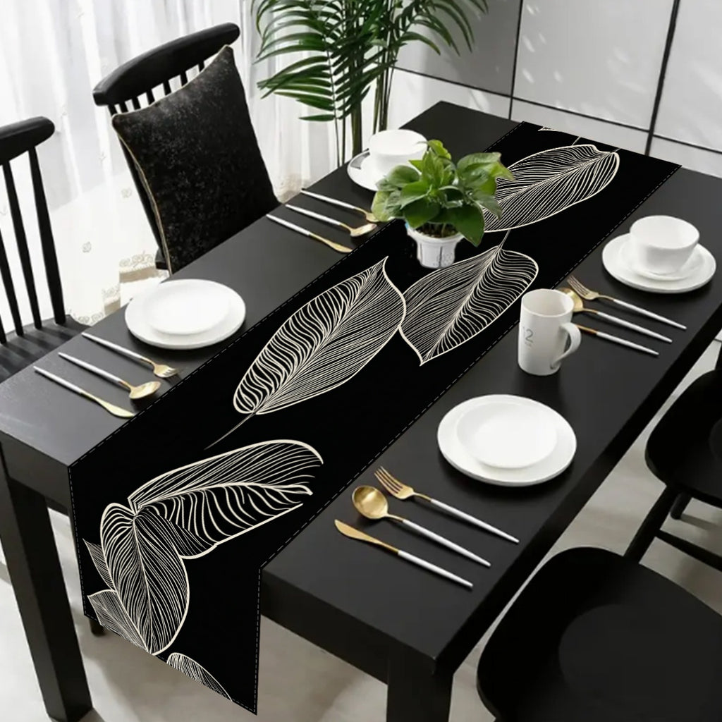 Elegant Black and White Leaf Vein Table Runner